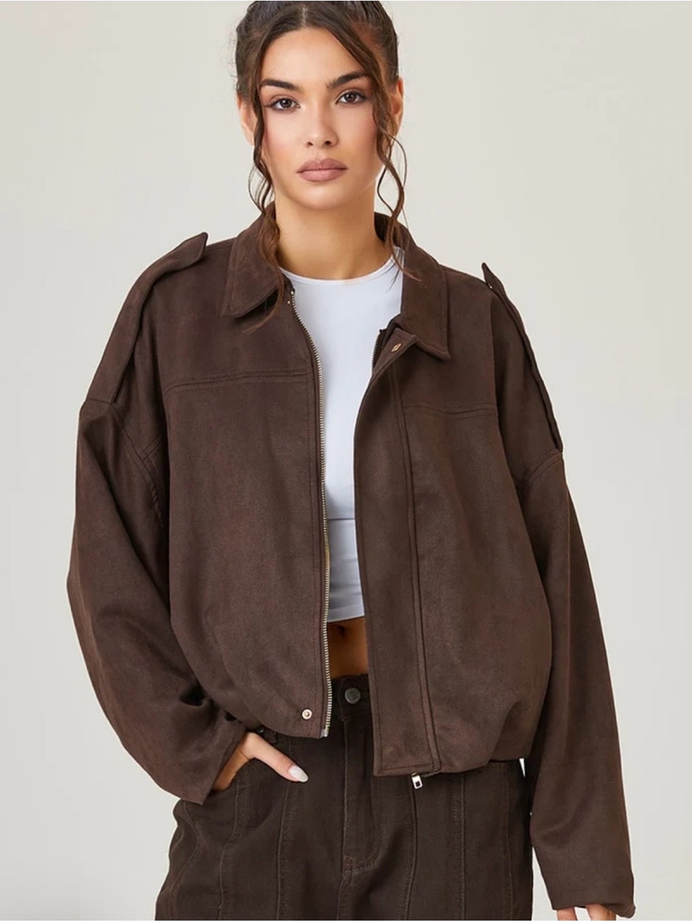 Women's Katch Me Brown Faux Suede Bomber Jacket w/ Bubble Hem & Funnel Collar